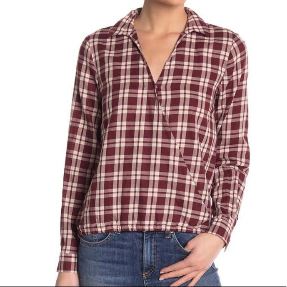 Madewell Arion burgundy cream plaid front wrap‎ long sleeve shirt size Small NWT
